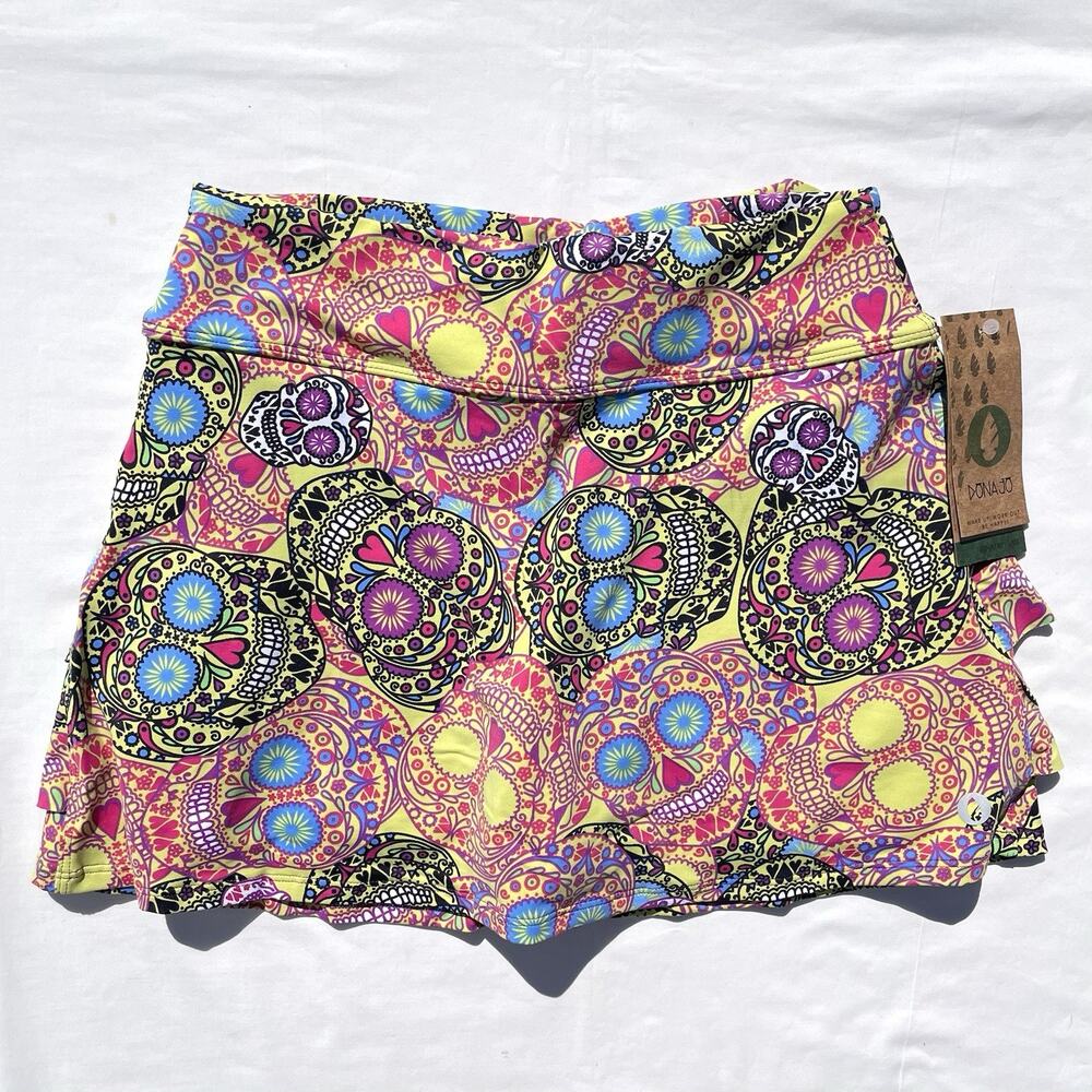 Dona Jo Tennis Athletic Skirt 2 Womens Large Sugar Skull Print Green Pink Ruffle